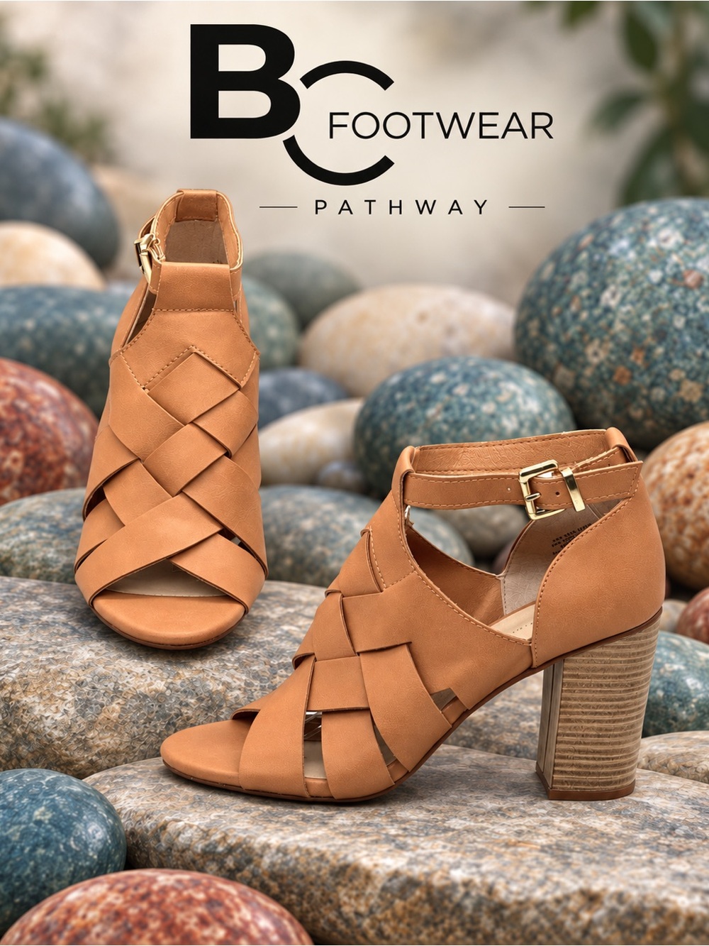 BC Footwear Pathway Tan Vegan Woven Block Heel Sandals